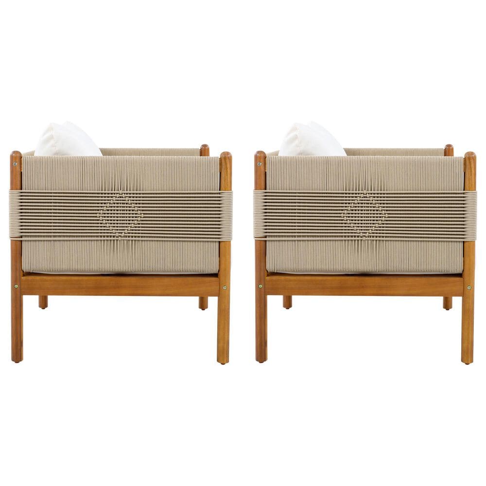 Hearth and Haven Outdoor Club Chair with Diamond Pattern Rope and Light Teak Frame in Cream (Set of 2), , large