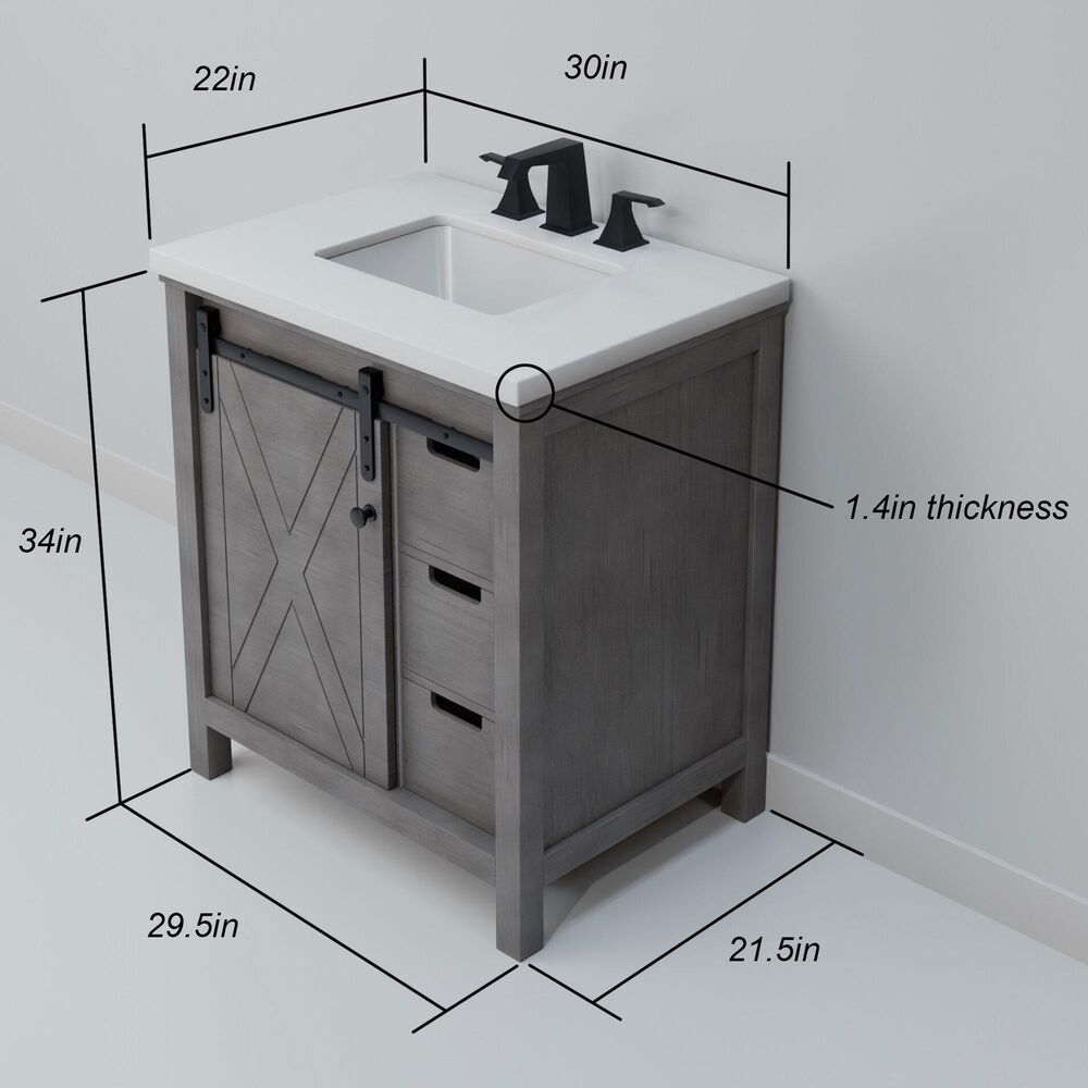Lexora Home Marsyas 30" Single Bathroom Vanity in Ash Grey with White Quartz Top and Rectangular Sink, , large