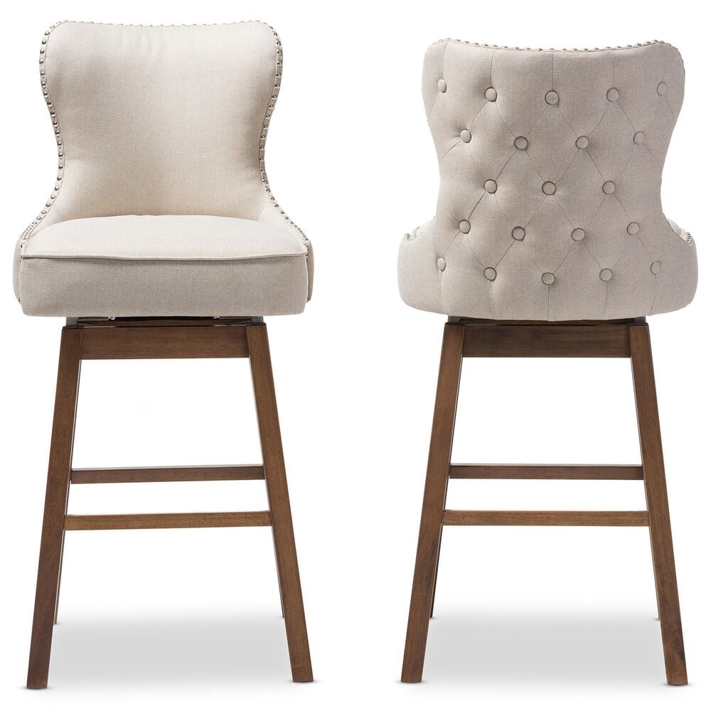 Baxton Studio Gradisca Swivel Bar Stool with Light Beige Cushion in Dark Walnut (Set of 2), , large