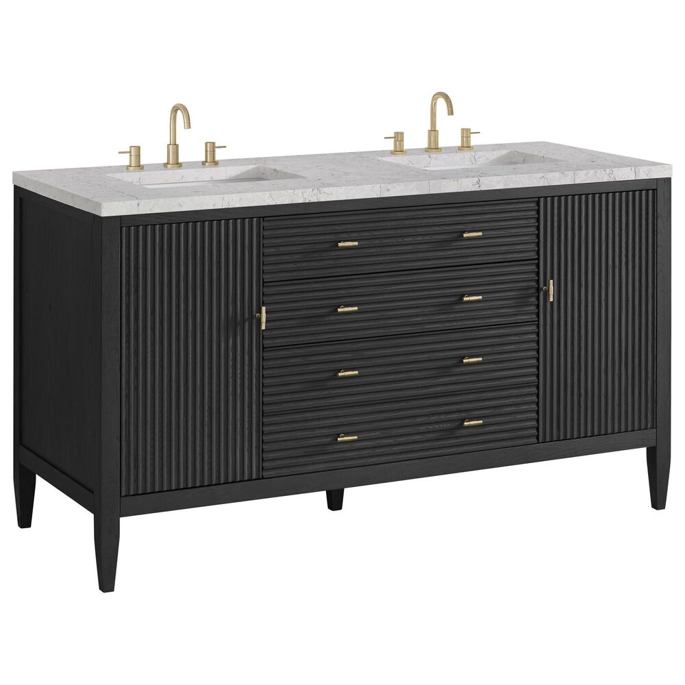 James Martin Vanities Myrrin 60" Double Vanity in Carbon Oak with 3 cm Eternal Jasmine Pearl Quartz Top, , large