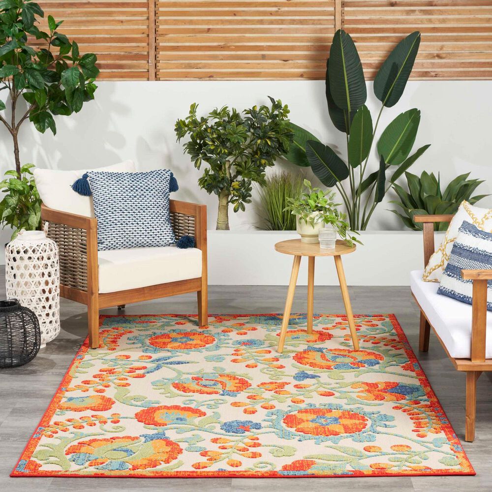 Nourison Aloha 5&#39;3&quot; x 7&#39;5&quot; Red and Multicolor Indoor/Outdoor Area Rug, , large