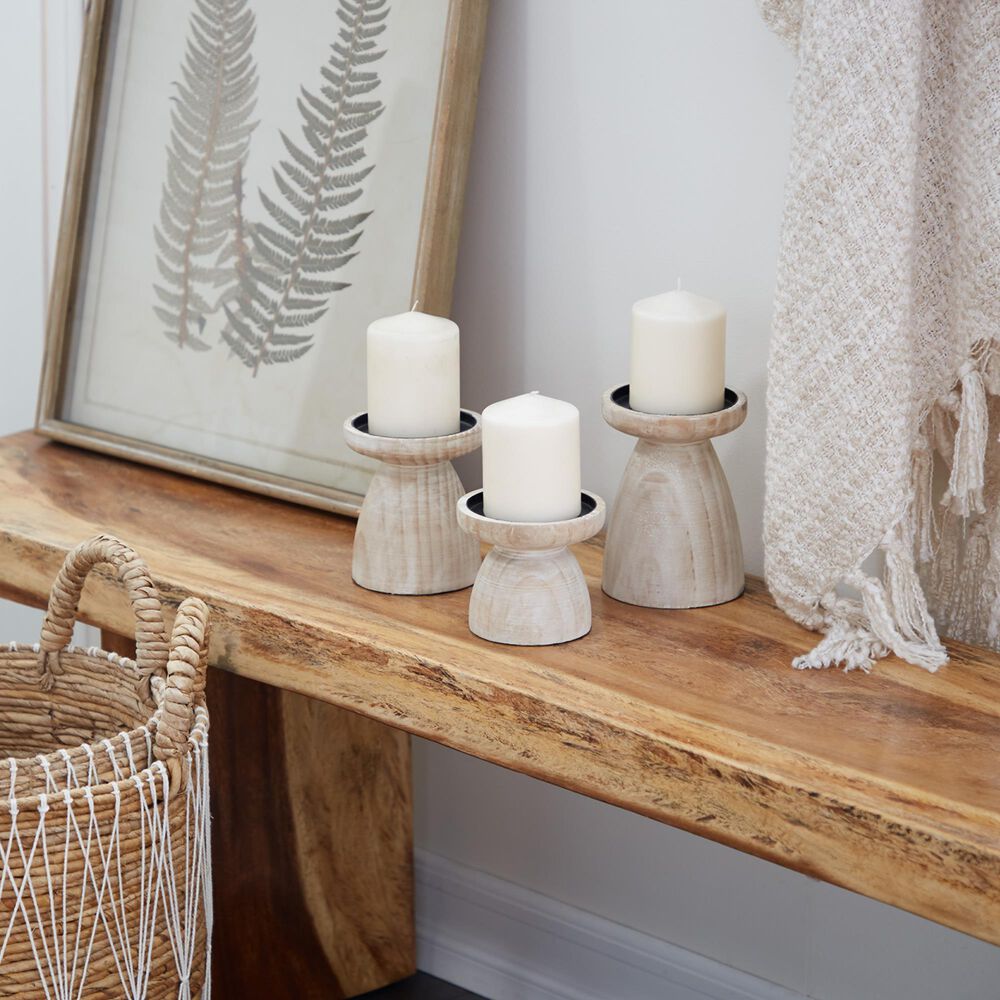 Maple and Jade 6&quot; Coastal Candle Holder in Brown and White Washed &#40;Set of 3&#41;, , large
