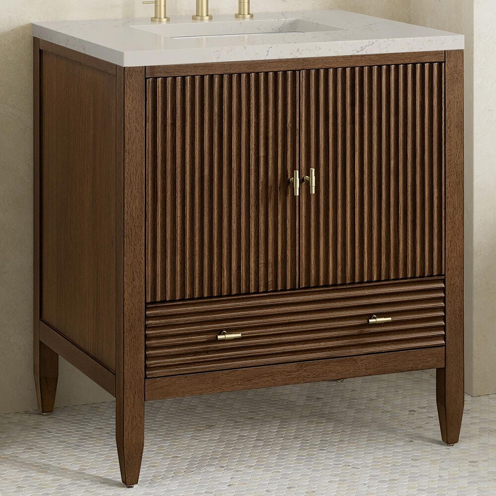 James Martin Myrrin 30" Single Bathroom Vanity in Mid-Century Walnut with 3 cm Siberian Silestone Top and Rectangular Sink, , large