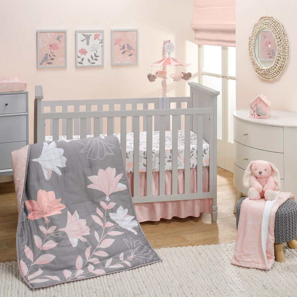 Lambs and Ivy Petals 3-Piece Crib Bedding Set in Mink Gray, Pink, Blush, Rose and White, , large