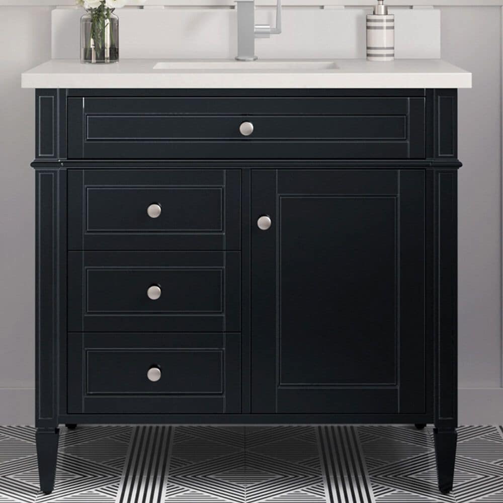 James Martin Vanities Brittany 36&quot; Single Bathroom Vanity in Black Onyx with Single Hole 3 cm White Zeus Quartz Top and Rectangular Sink, , large