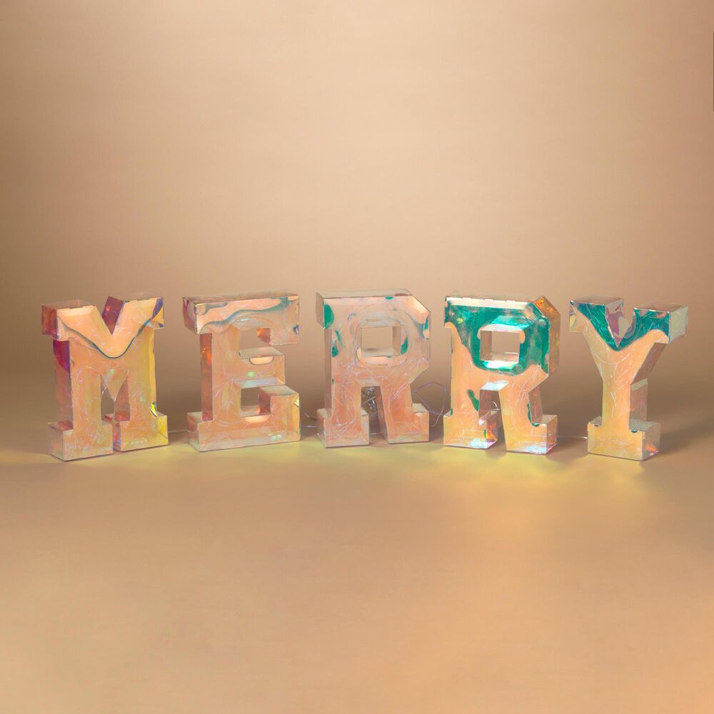 The Gerson Company 5-Piece USB Electric Lighted Holographic Holiday &quot;MERRY&quot; Decor Set in White, , large