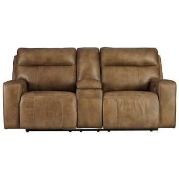 Signature Design by Ashley Game Plan Leather Power Reclining Console Loveseat with Power Headrest in Caramel, , large