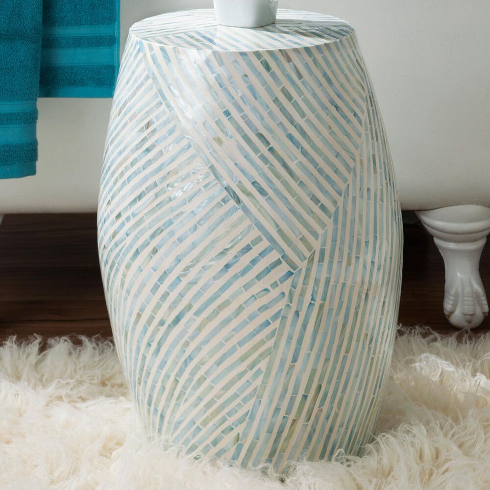 Linon Home Decor Prianna Drum End Table with Mosaic Capiz in Light Blue and White, , large