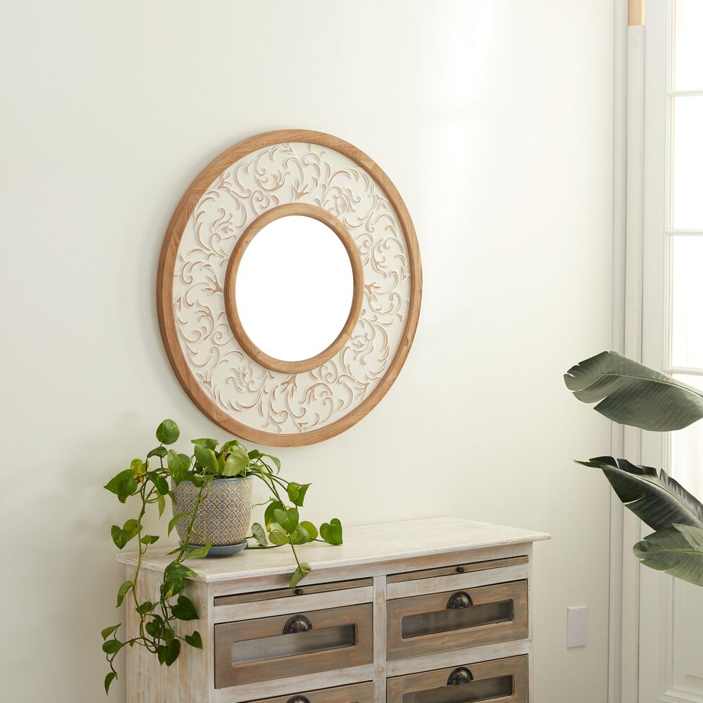 Maple and Jade 32&quot; Round Wall Mirror in Distressed White, , large