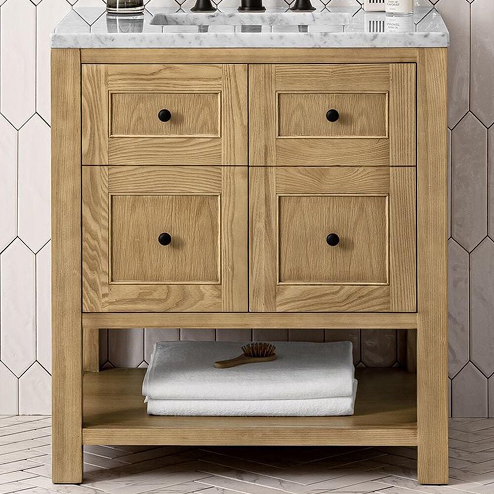James Martin Vanities Breckenridge 30&quot; Single Bathroom Vanity in Light Natural Oak with 3 cm Carrara White Marble Top and Rectangular Sink, , large