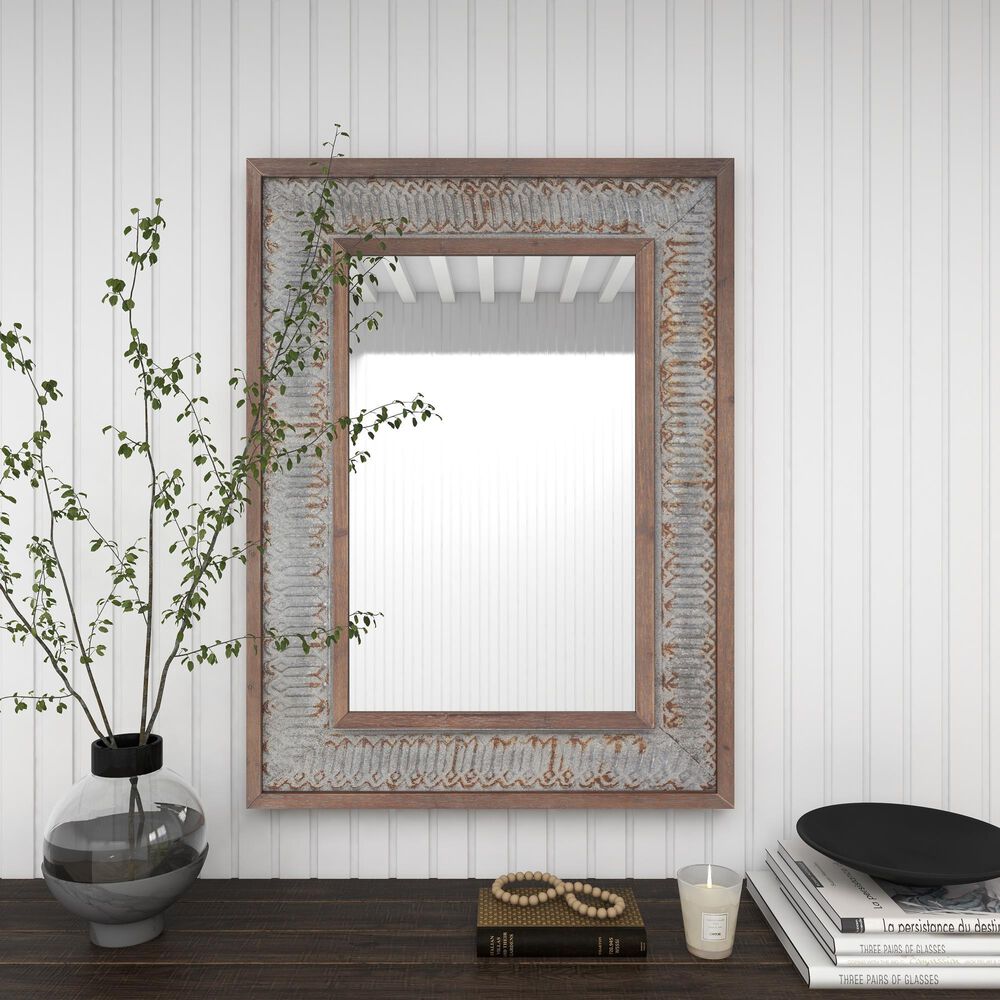 Maple and Jade 29&quot; x 39&quot; Wall Mirror in Distressed Grey and Brown, , large