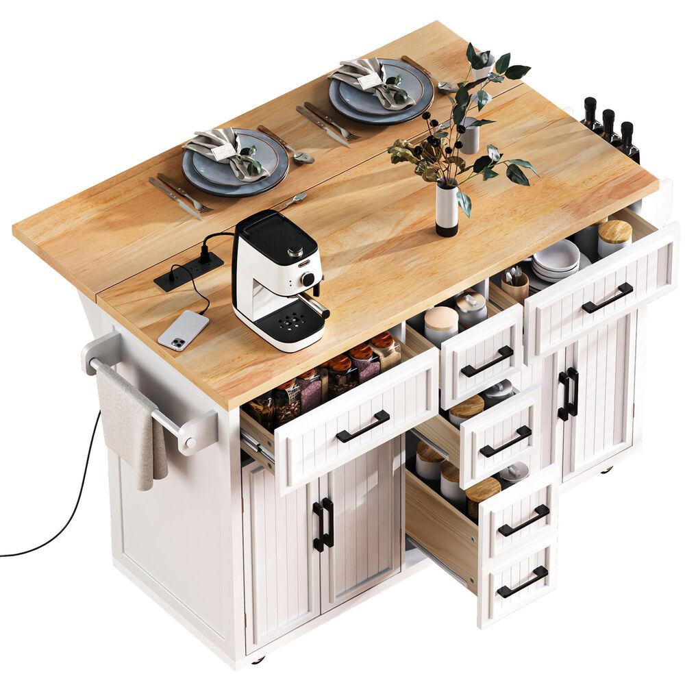 HOMLUX 56.5'' Kitchen Island with Drop Leaf in White and Natural, , large