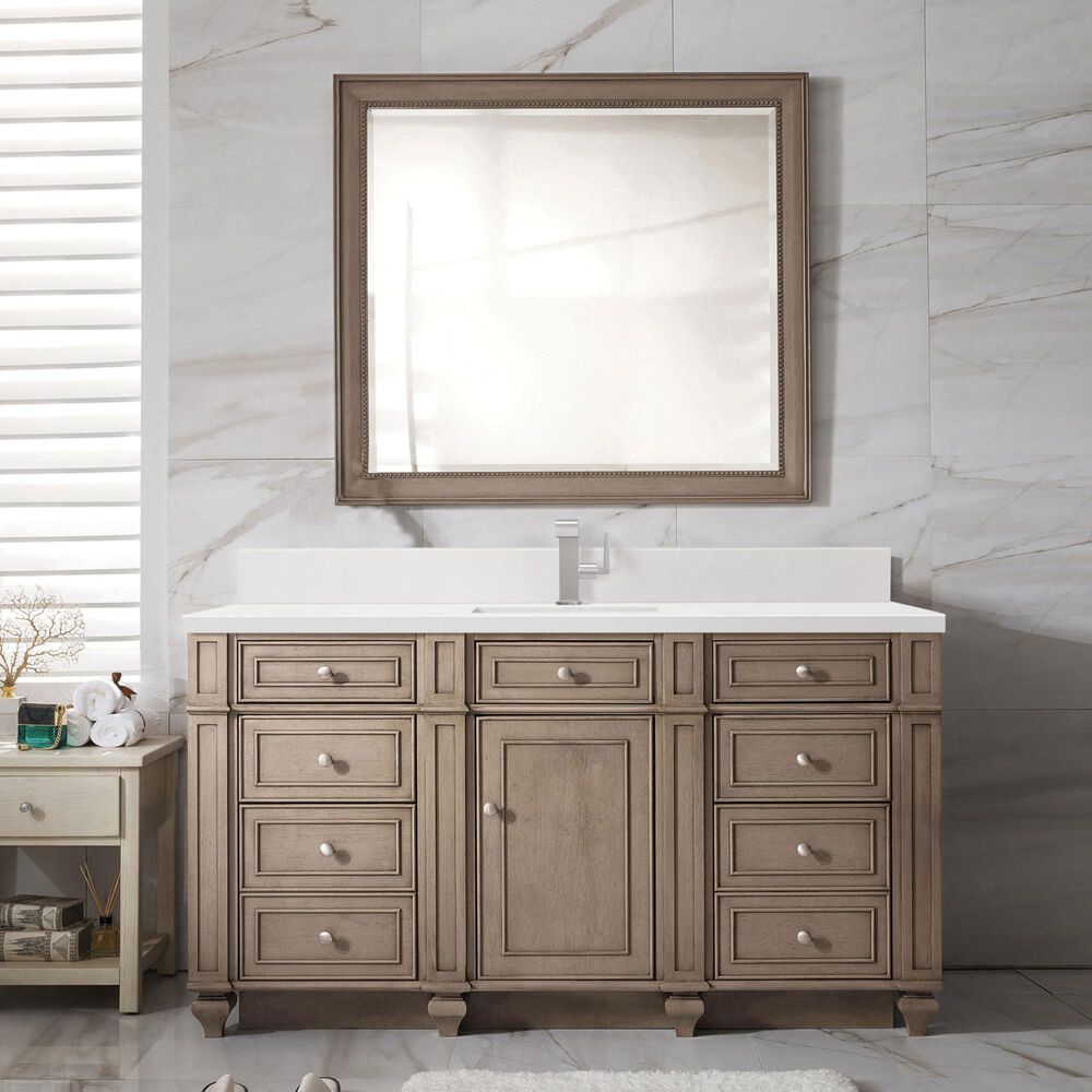 James Martin Vanities Bristol 60&quot; Single Bathroom Vanity in Whitewashed Walnut with Single Hole 3 cm White Zeus Quartz Top and Rectangular Sink, , large