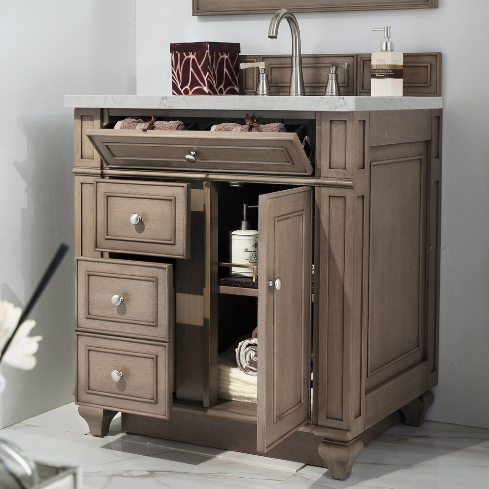 James Martin Vanities Bristol 30&quot; Single Bathroom Vanity in Whitewashed Walnut with 3 cm Eternal Jasmine Pearl Quartz Top and Rectangle Sink, , large