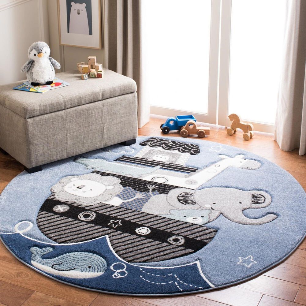 Safavieh Carousel Animals 5&#39;3&quot; Round Blue and Grey Kids  Area Rug, , large