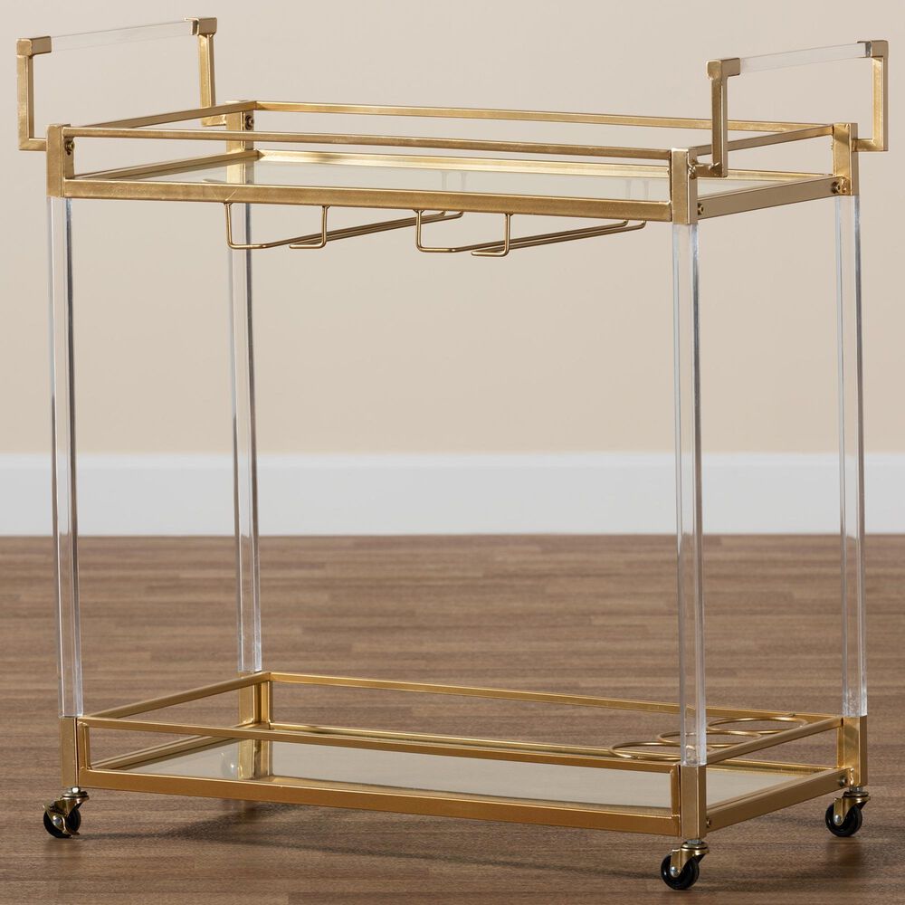 Baxton Studio Savannah 2-Tier Wine Cart in Gold and Clear, , large
