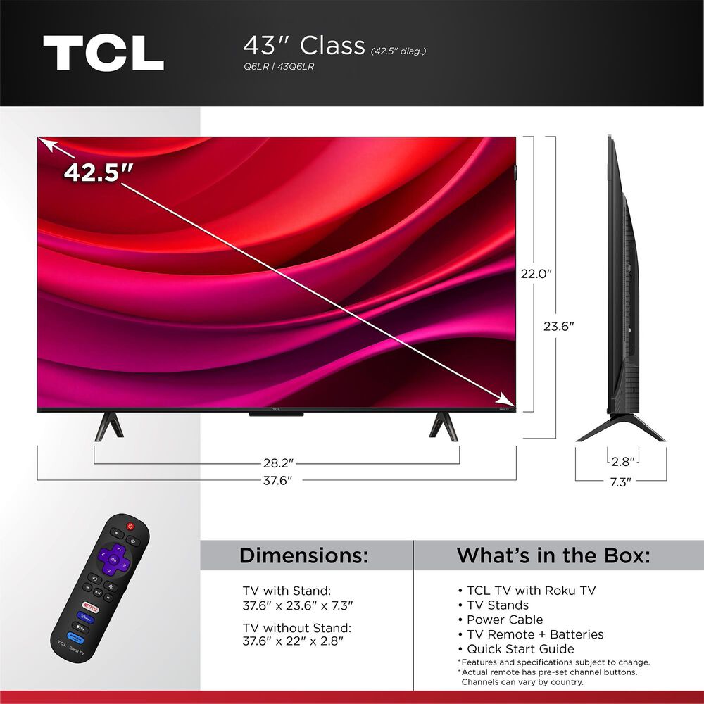 TCL 43" Class Q6LR Series 4K QLED Smart TV with Roku TV, , large