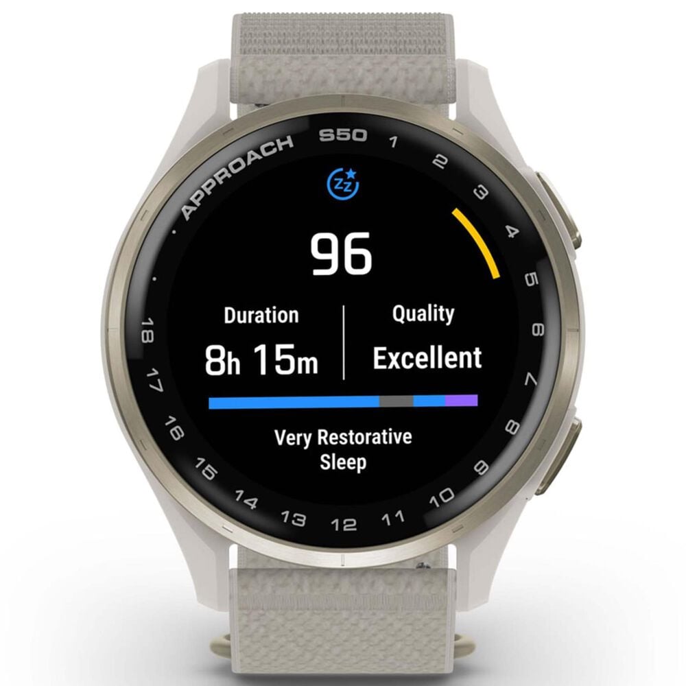 Garmin Approach S50 43mm Golf and Fitness Smartwatch Cream Gold Aluminum Bezel Case with Ivory Nylon Band, , large