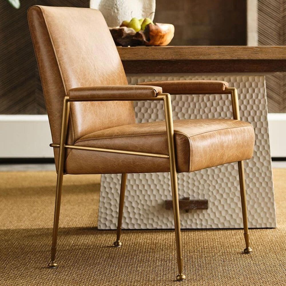 Uttermost Maxim Arm Chair in Light Antique Brass and Top Grain Leather in Parchment, , large