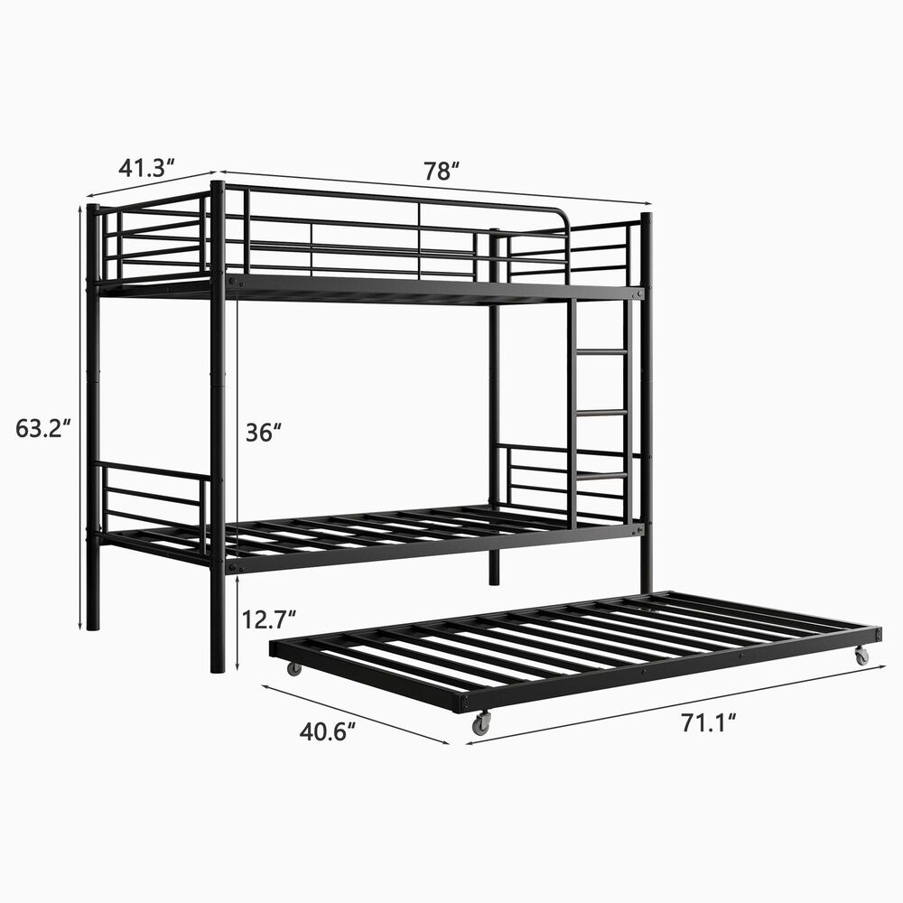 Hearth and Haven Twin Metal Bunk Bed with Trundle Ladder and Full-Length Guardrail in Black, , large