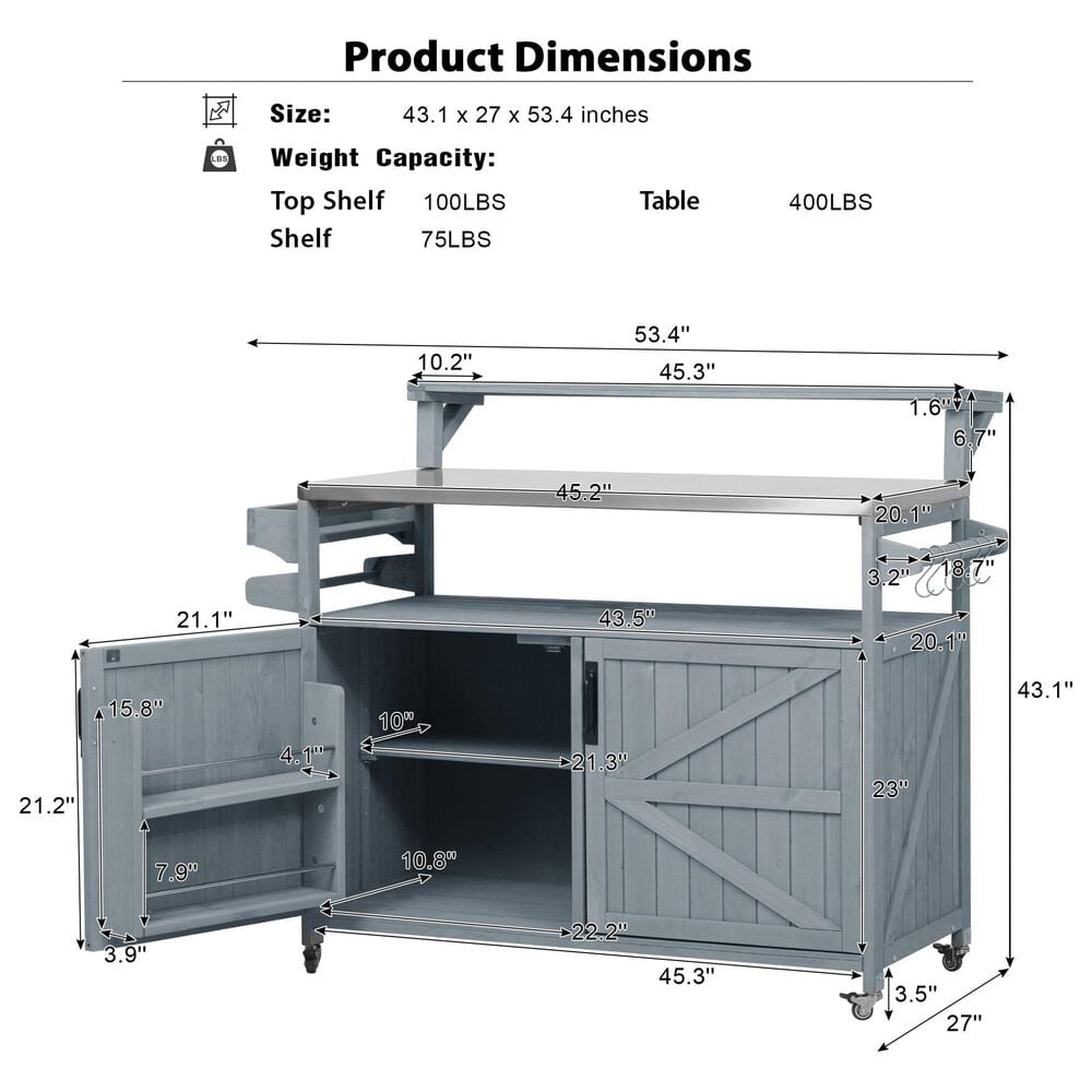 HOMLUX 53" Outdoor Kitchen Island in Grey Blue and Stainless Steel, , large