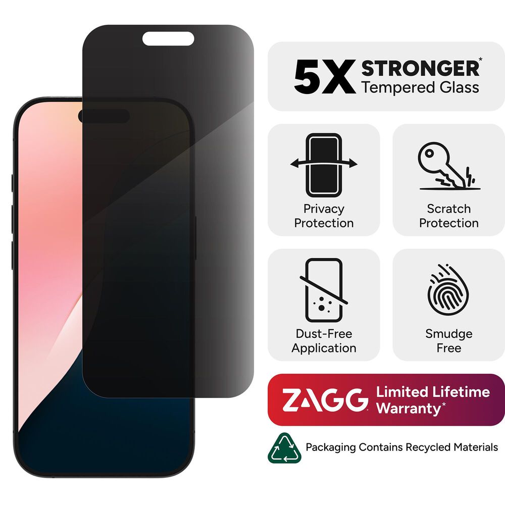 Zagg Invisible Shield Glass Elite Privacy Screen Protector for Apple iPhone 16 Pro in Clear, , large