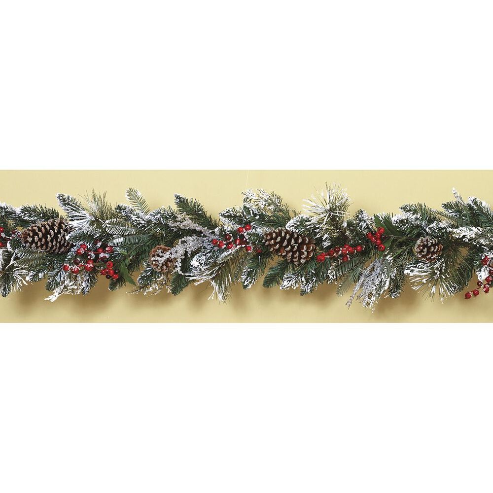 The Gerson Company 6' Snowy Garland with Red Berries and Pinecones, , large