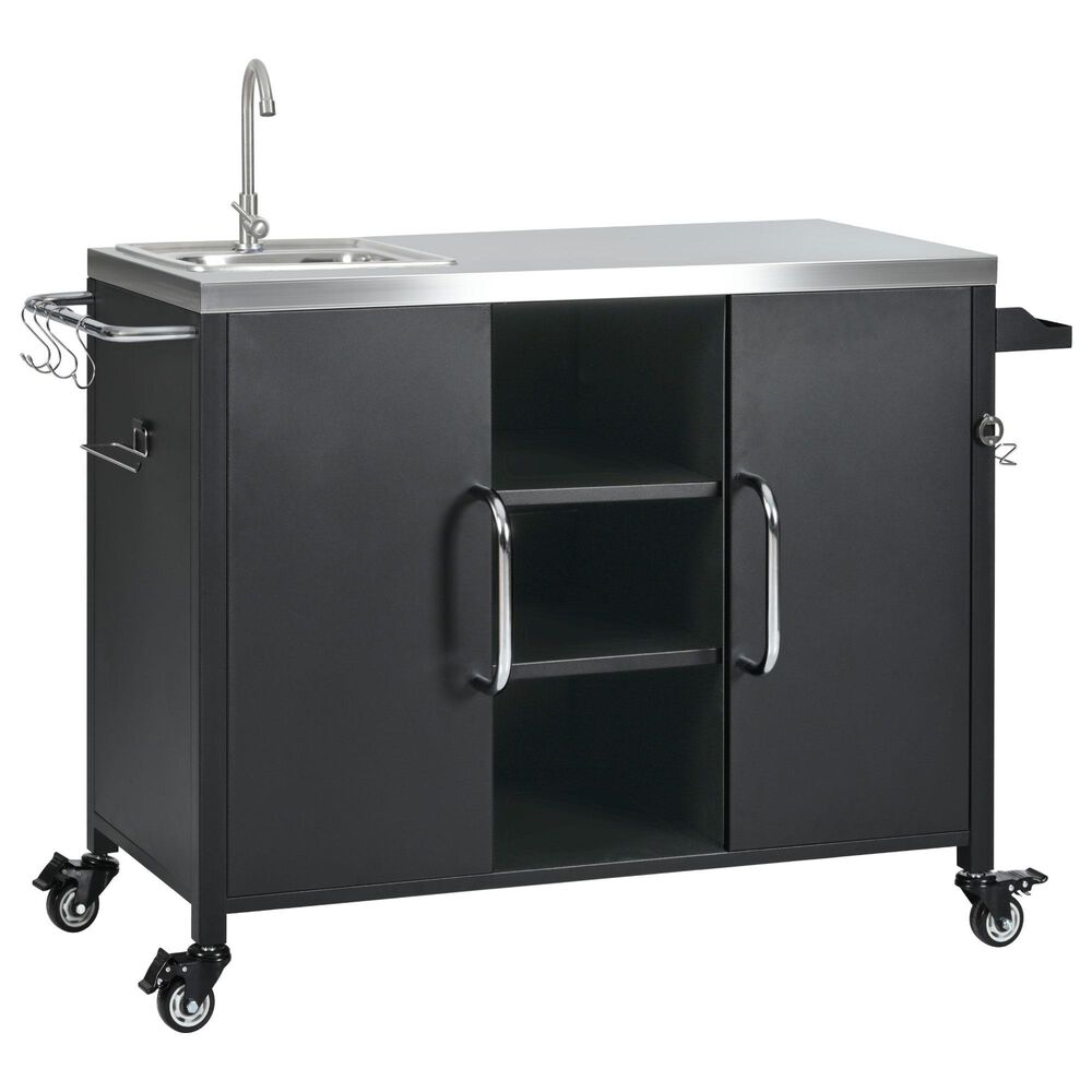 HOMLUX 55.5" Outdoor Kitchen Island with Sink in Black and Stainless Steel, , large