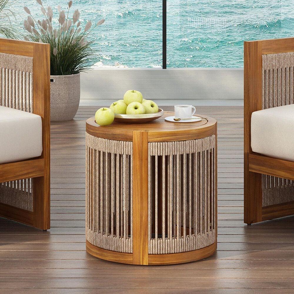 Hearth and Haven Outdoor Round Acacia Wood Side Table with Handwoven Rope Accents in Natural, , large