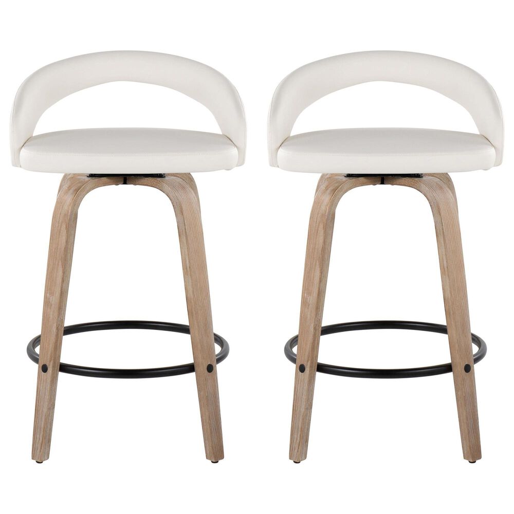 LumiSource Grotto Swivel Counter Stool with White Faux Leather Upholstery in Whitewashed Wood and Black (Set of 2), , large