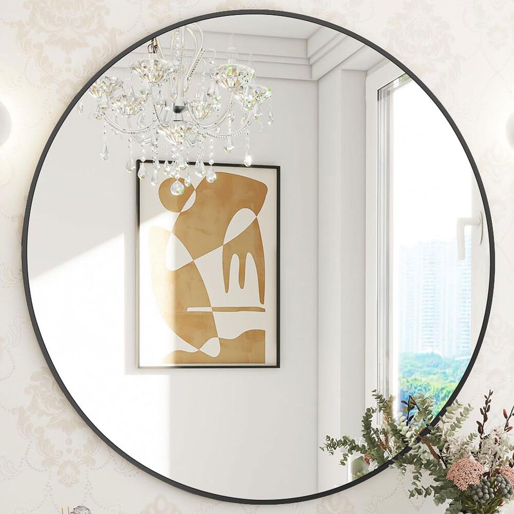 HOMLUX 30" Round Wall Mirror in Black, , large