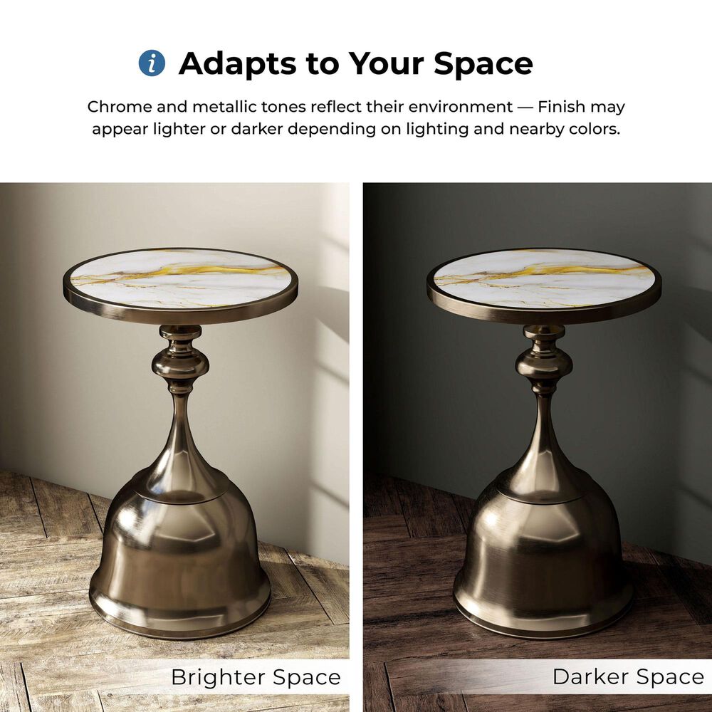 Furniture of America Gleam Round End Table in Antique Brass and White, , large