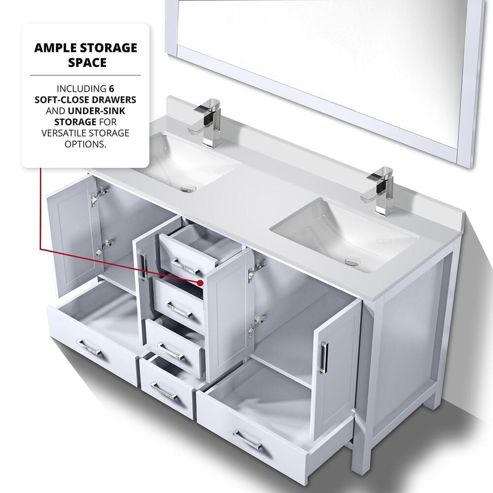 Lexora Home Jacques 60&quot; Double Bathroom Vanity in White with 2 cm White Cultured Marble Top and Rectangular Sinks, , large