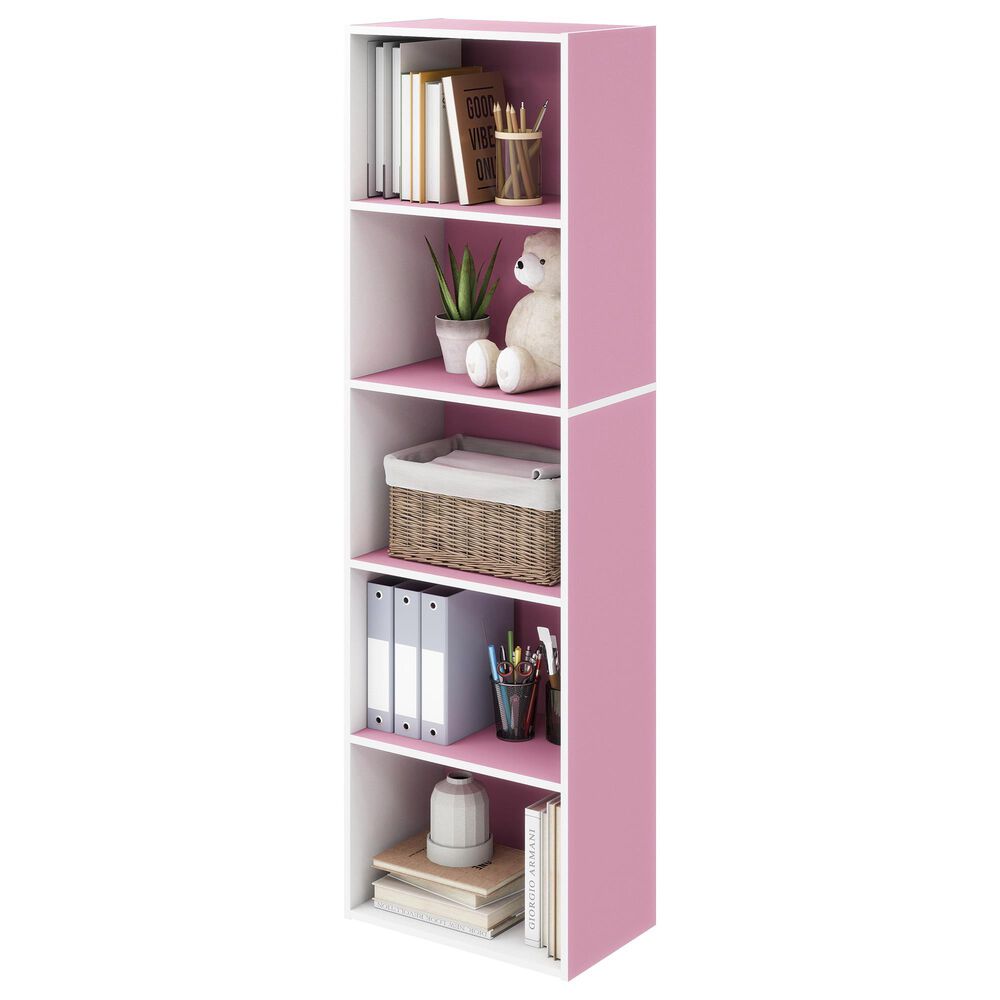 HOMLUX 5-Tier Reversible Bookshelf with Decorative Open Shelves in White and Pink, , large