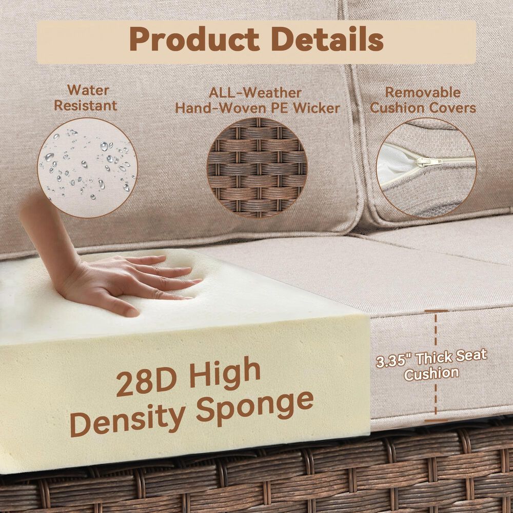 Sunwell Garden 34"H 3-Seater Outdoor Sofa with Curved Armrests and Beige Cushions in Brown, , large