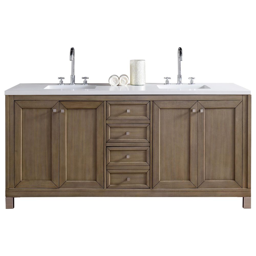 James Martin Vanities Chicago 72" Double Bathroom Vanity in White Washed Walnut with 3 cm White Zeus Quartz Top and Rectangular Sinks, , large