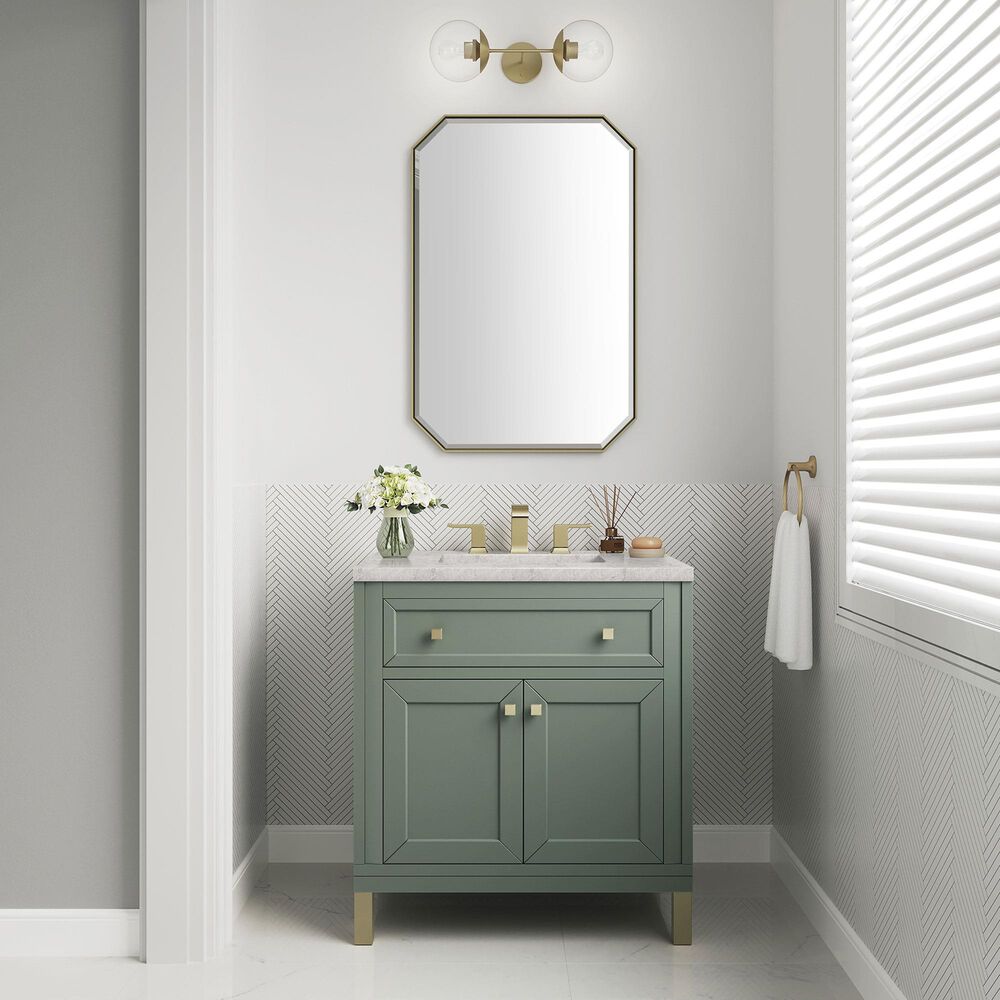James Martin Vanities Chicago 30&quot; Single Bathroom Vanity in Smokey Celadon with 3 cm Eternal Jasmine Pearl Quartz Top and Rectangular Sink, , large