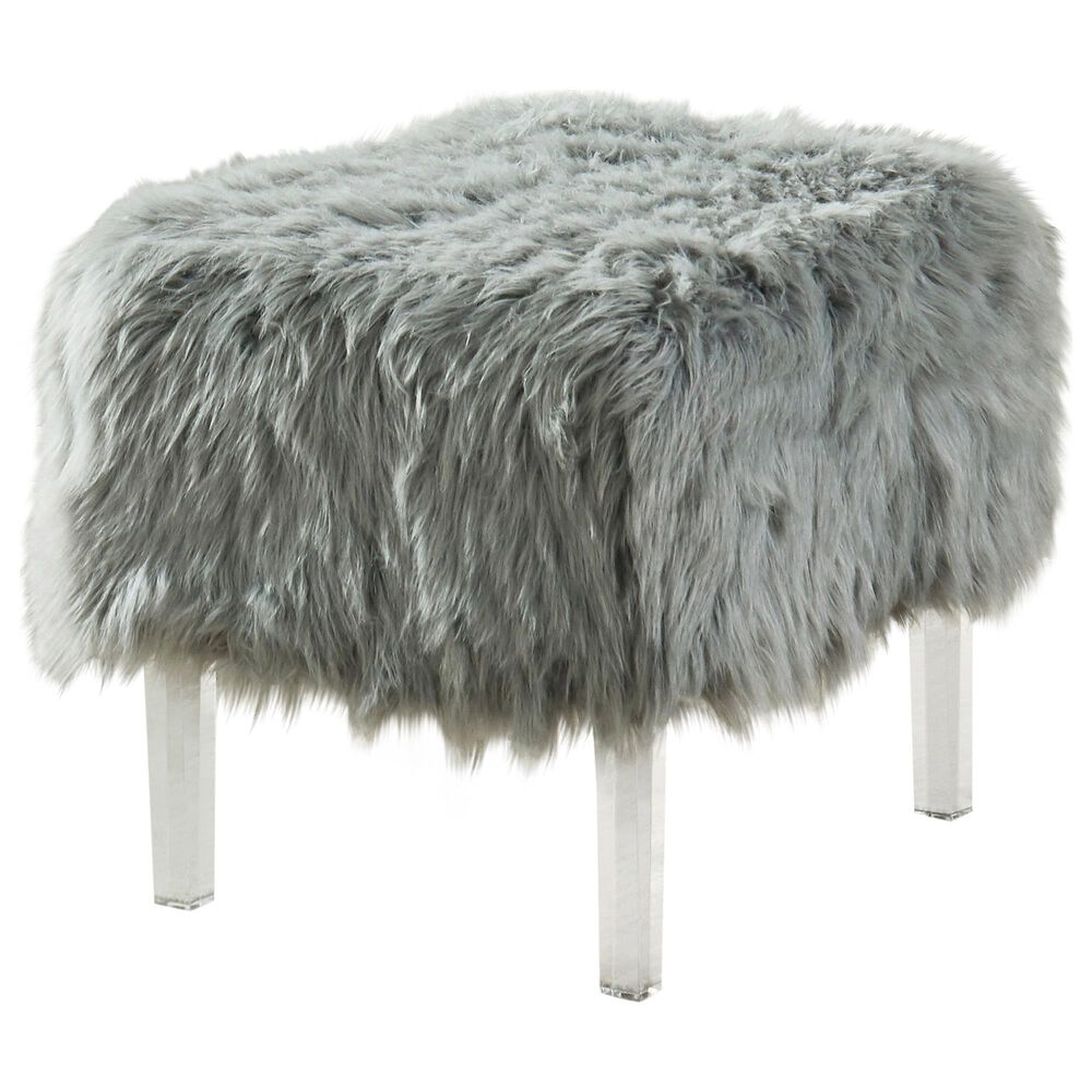 Furniture of America Scherrer Stationary Faux Fur Ottoman in Grey, , large