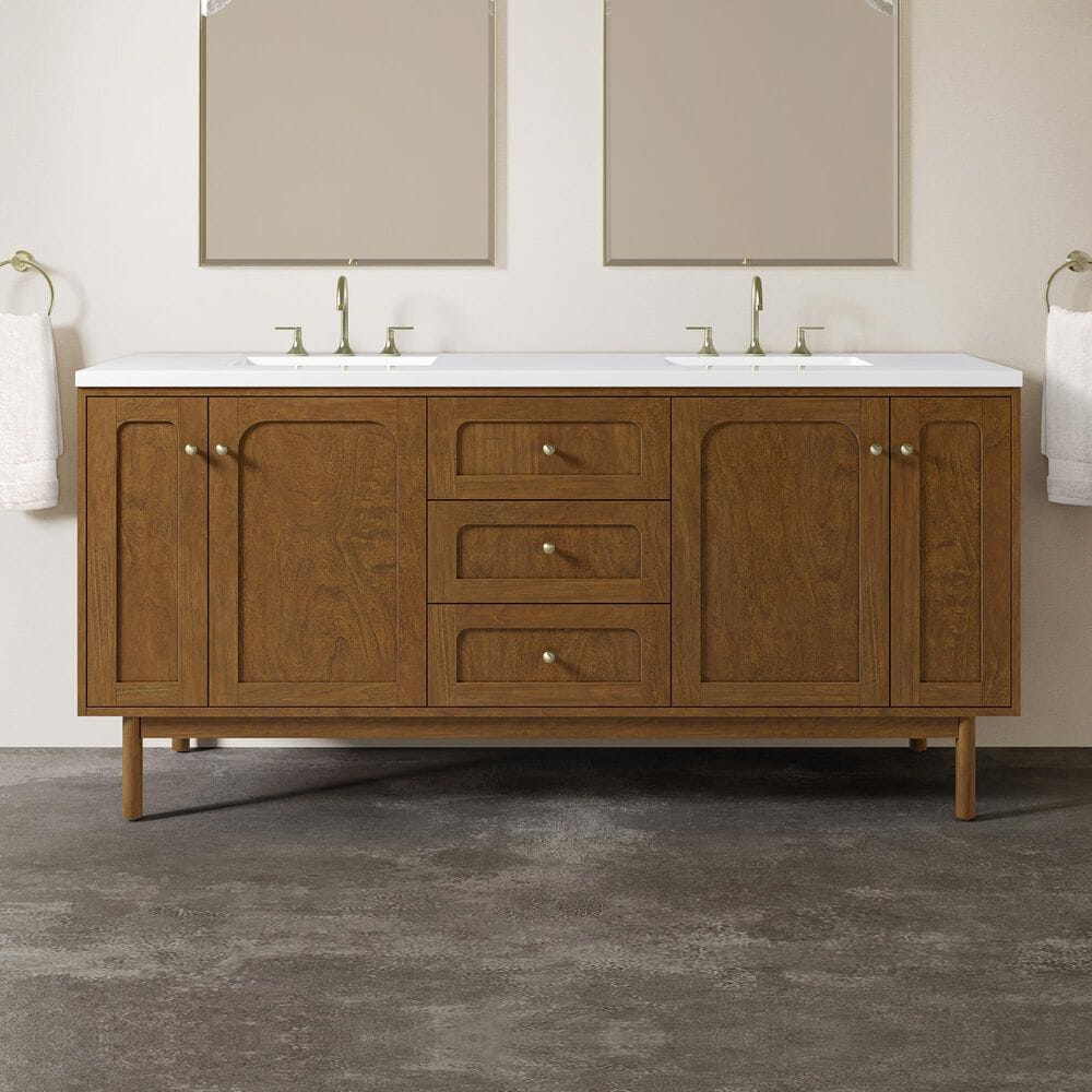 James Martin Laurent 72" Double Bathroom Vanity in Honey Oak with 3 cm White Zeus Silestone Top and Rectangular Sinks, , large