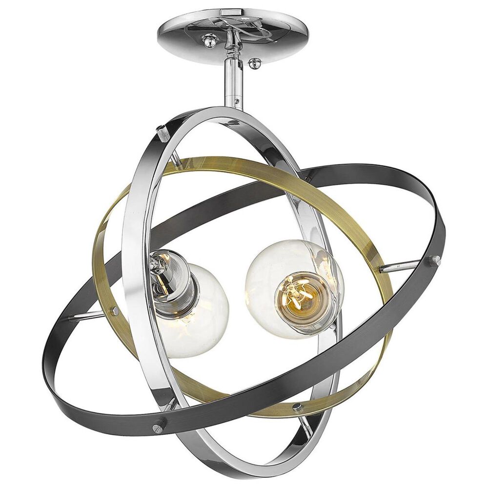 Golden Lighting Atom 2-Light Semi Flush in Chrome with Aged Brass and Black Brushed Steel Accent Rings, , large