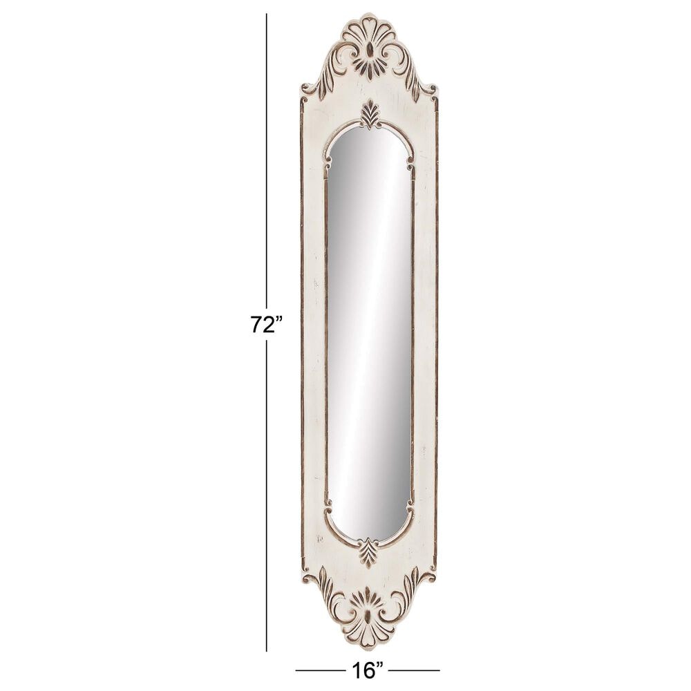 Maple and Jade 72&quot; x 16&quot; Wood Floral Slim Wall Mirror with Carved Scrollwork in Distressed White and Mocha Brown, , large