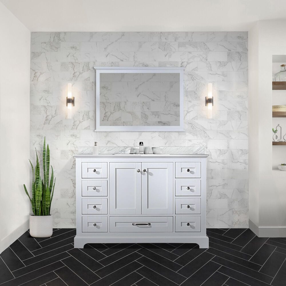 Lexora Home Dukes 48&quot; Single Bathroom Vanity in White with 2 cm White Carrara Marble Top and Rectangular Sink, , large