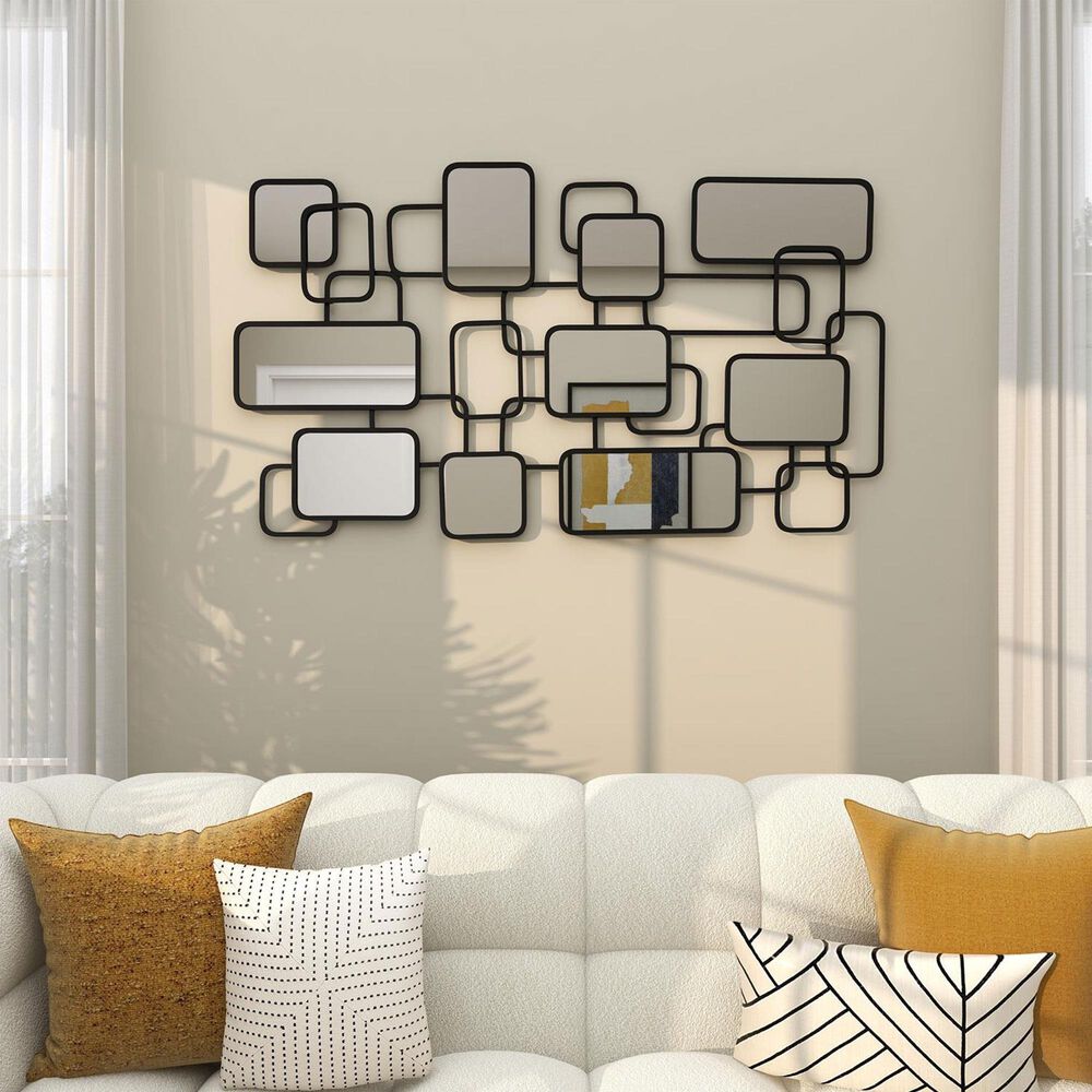 Maple and Jade 26&quot; x 45&quot; Metal Geometric Overlapping Rectangular Wall Mirror in Matte Black, , large