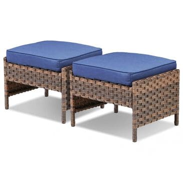 Sunwell Garden 14.4" Ottoman with Navy Cushion in Brown (Set of 2), , large