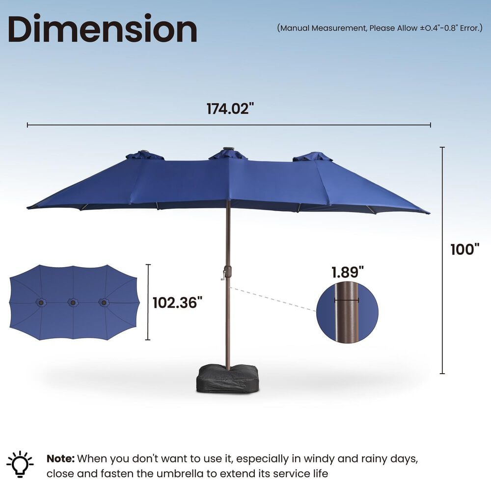 HOMLUX 15' Double-Sided Outdoor Market Umbrella with Sandbag Base and RGB LED Lights in Royal Blue, , large