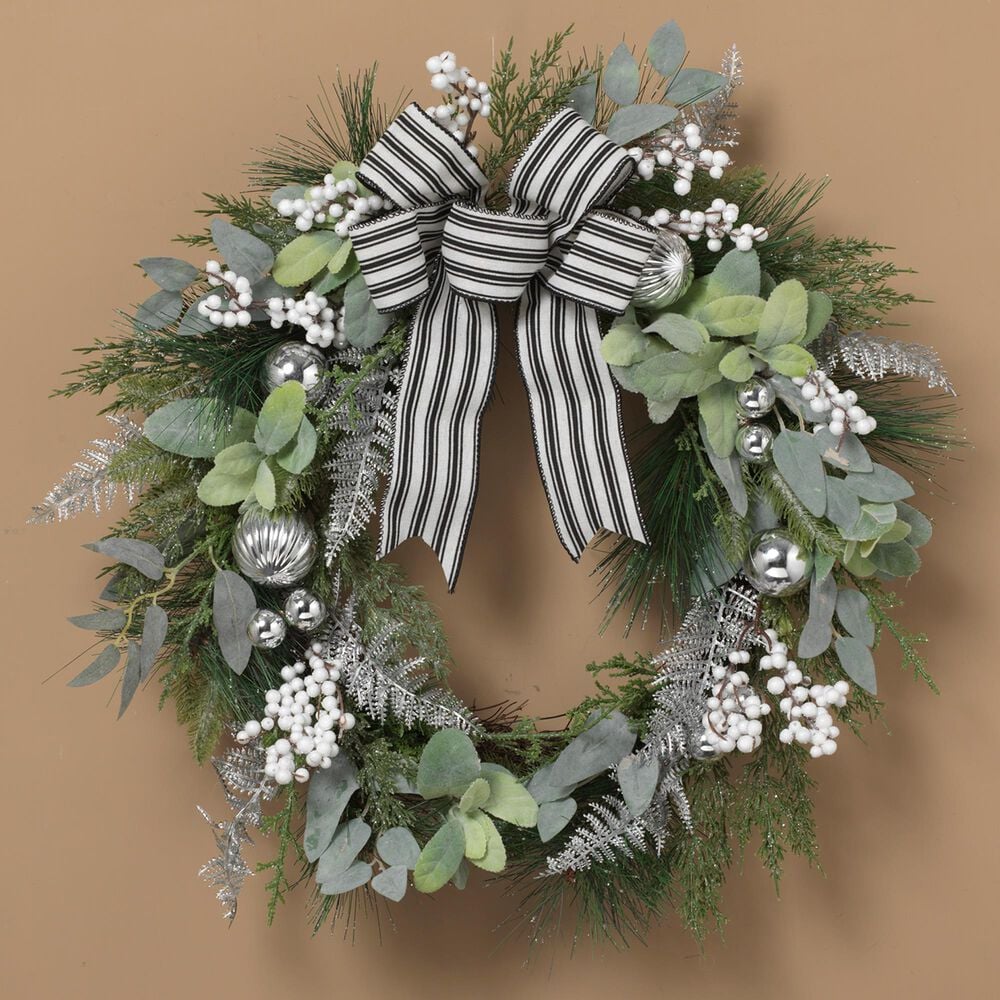The Gerson Company 24" Holiday Pine and Berry Wreath with Bow in Green, , large