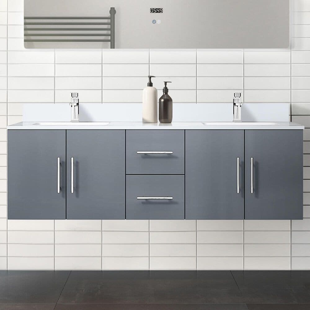 Lexora Home Geneva 60&quot; Double Bathroom Vanity in Dark Grey with 2 cm White Quartz Top and Rectangular Sinks, , large