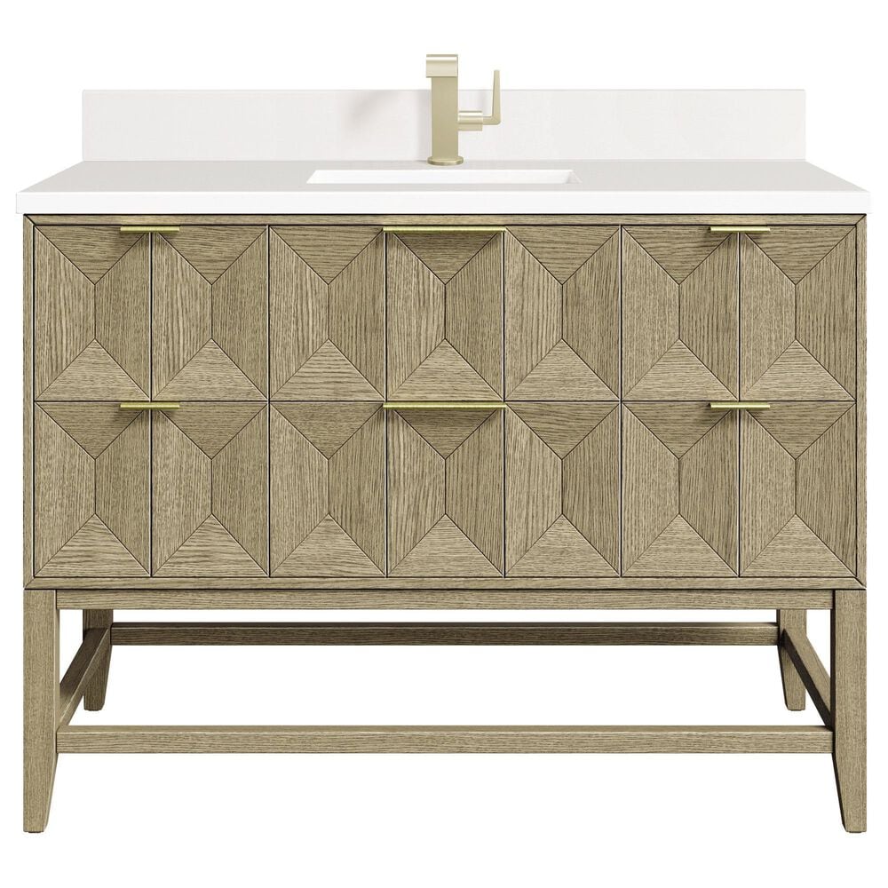 James Martin Vanities Emmeline 48" Single Vanity in Pebble Oak with Single Hole 3 cm White Zeus Quartz Top & Backsplash, , large