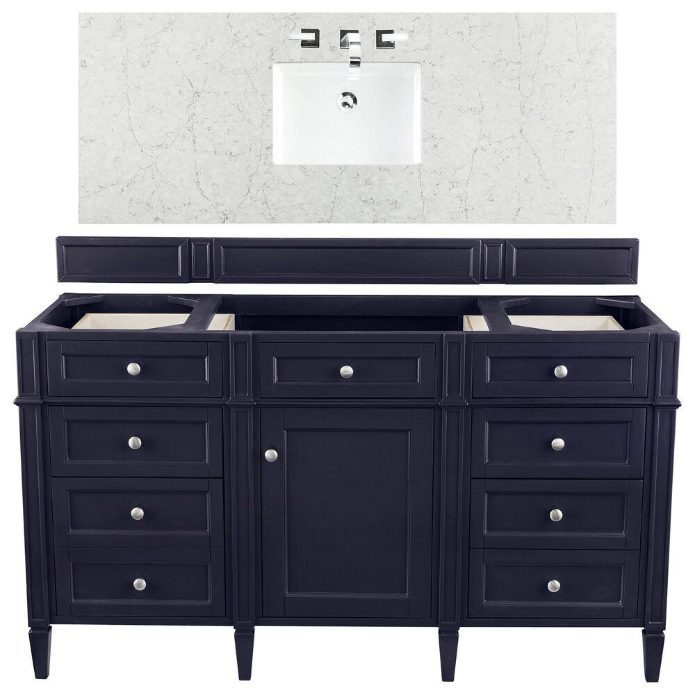 James Martin Vanities Brittany 60" Single Bathroom Vanity in Victory Blue with 3 cm Eternal Jasmine Pearl Quartz Top and Rectangle Sink, , large