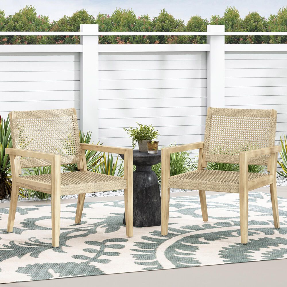 Hearth and Haven Outdoor Wood and Flat Wicker Club Chair in Light Brown (Set of 2), , large